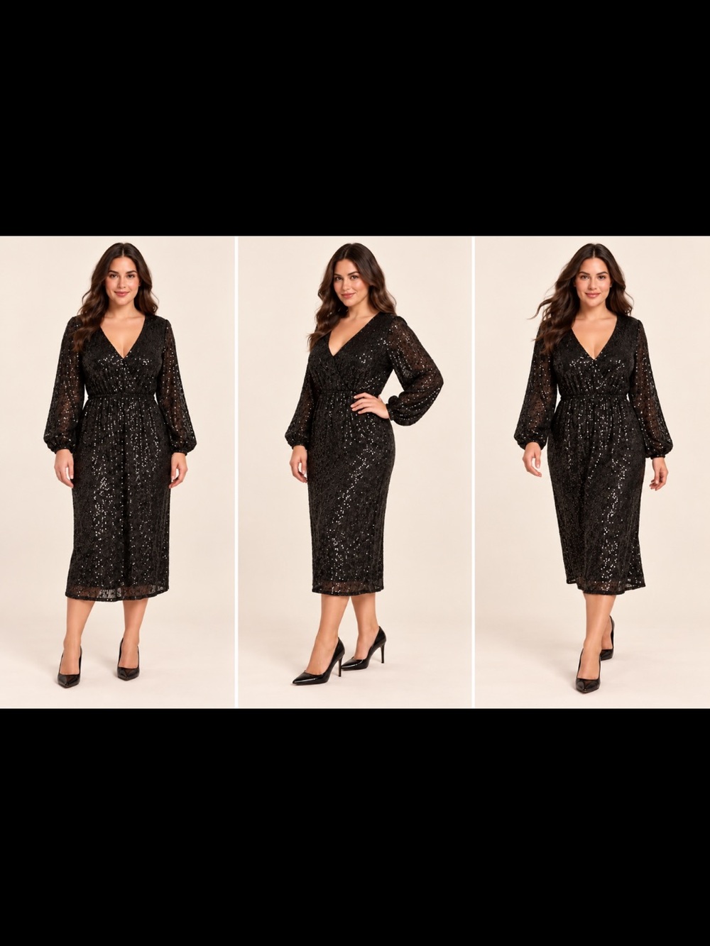 Betsey Johnson Black Sequin V-Neck Midi Dress with Balloon Sleeves